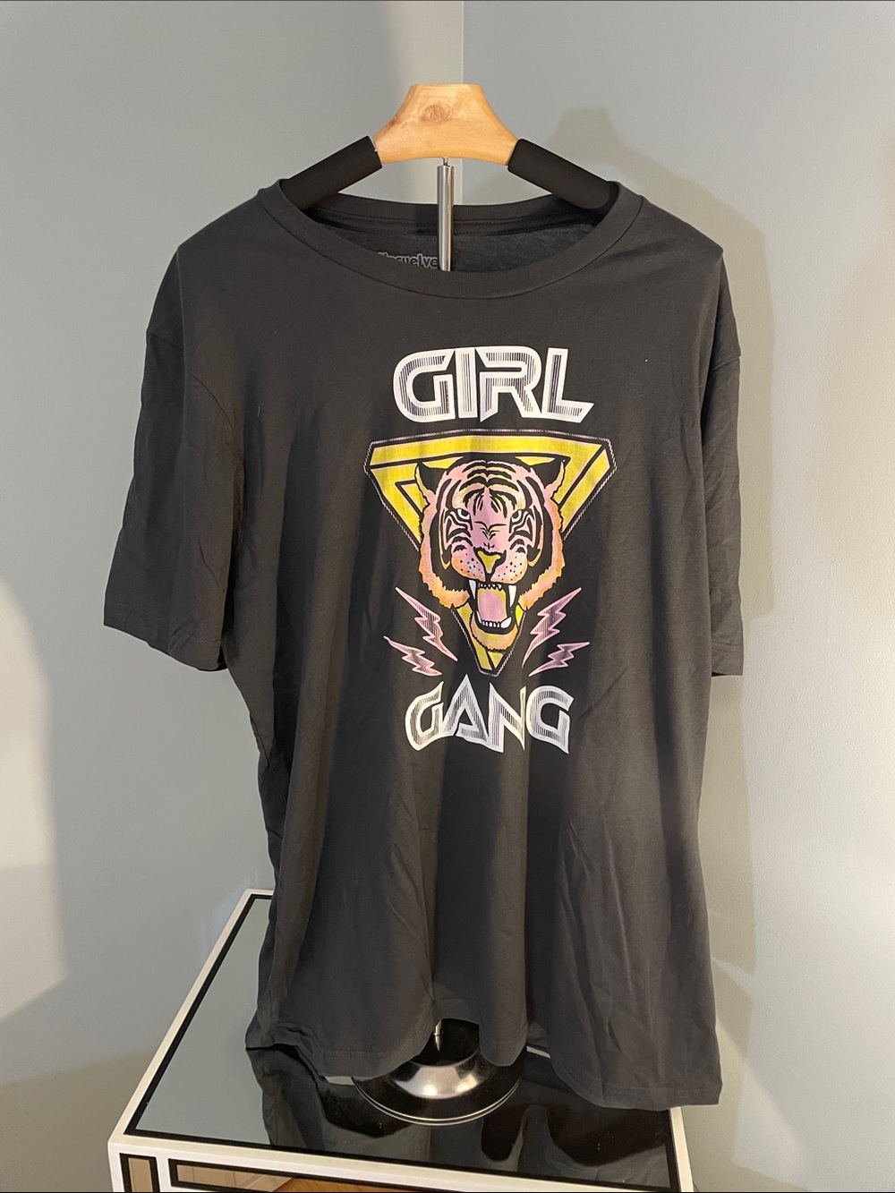 Tipsy Elves Girl Gang Black Tee with Yellow and Pink Tiger Graphic nwt